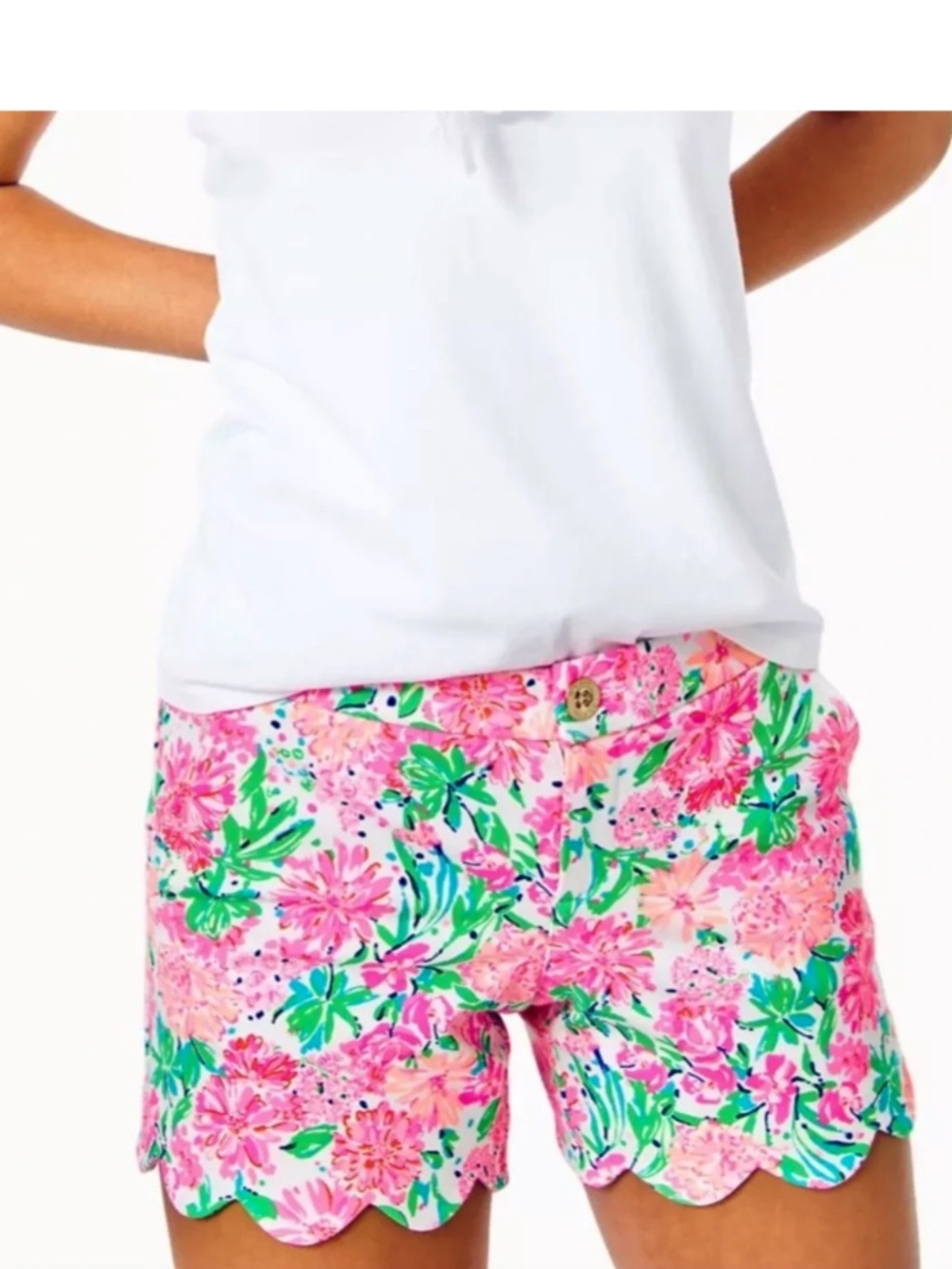 Lilly Pulitzer - Buttercup Knit Stretch Scallop White Pink Floral Shorts Size 6